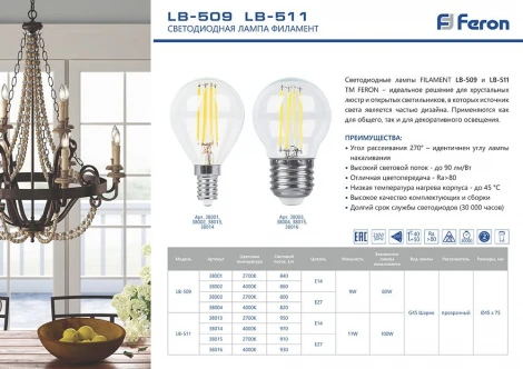 Лампочка светодиодная филаментная E14 11W 220V шар прозрачная 2700K Feron 38013