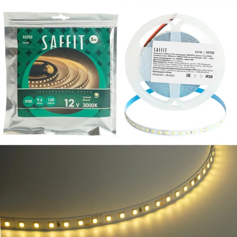Лента светодиодная SST02 120SMD(2835)/м 9.6Вт/м 12V 3000К IP20 Saffit 55240