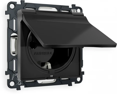 Комплект механизма Ambrella Volt электрической розетки ALFA MA808010 Черный матовый с заземлением с шторками и защитной крышкой 2P+E 16A-250V IP44 QUANT