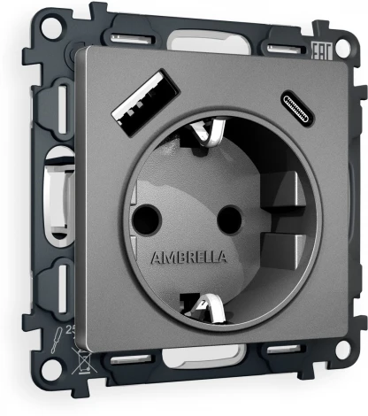Комплект механизма Ambrella Volt электрической розетки ALFA MA660010 Антрацит серый 2USB A+C 20W быстрая зарядка с заземлением и шторками 2P+E 16A-250V QUANT
