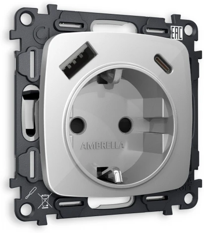 Комплект механизма Ambrella Volt электрической розетки OMEGA MO410010 Серебро глянец 2USB A+C 20W быстрая зарядка с заземлением и шторками 2P+E 16A-250V QUANT