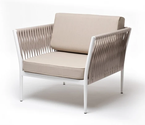 "Касабланка" кресло плетеное из роупа, каркас алюминий белый муар, роуп бежевый 20мм, ткань бежевая 052 4SIS арт.УТ-00007006