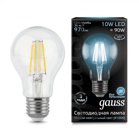 Лампочка светодиодная прозрачная E27 10W 220V 4100K Gauss Filament 102802210