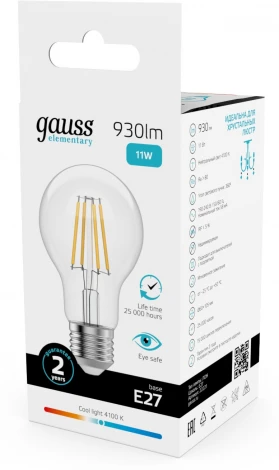 Лампочка светодиодная филаментная Gauss Filament Elementary 22221 А60 11W 930lm 4100К Е27 LED