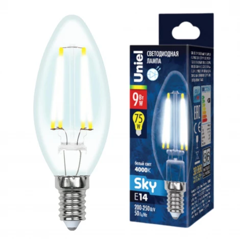 Лампочка светодиодная свеча прозрачная E14 9W 4000K Uniel LED-C35-9W/4000K/E14/CL PLS02WH