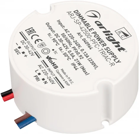 Блок питания ARJ-SP-42500-PFC-TRIAC-R (21W, 30-42V, 500mA) (Arlight, IP44 Пластик, 5 лет) 040964