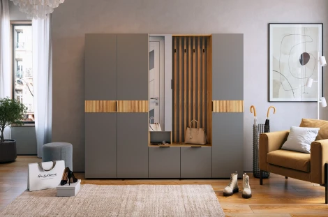 Прихожая "Бери К9" (2000х350х1826) Mebelson (ЛДСП,Металл,Зеркало/Дуб крафт золотой,Графит) арт.ПК09Бери.2564