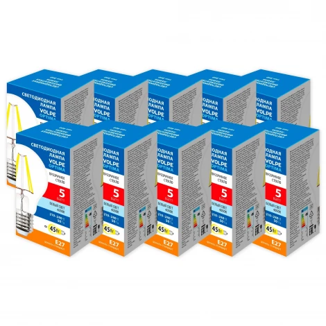 Лампа светодиодная Volpe Optima Филамент LED-A60-5W/4000K/E27/CL/SLF Набор из 10штук белый свет 4000K