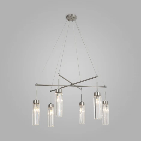 Подвесная люстра Wi-Fi хрустальная Eurosvet Gilian 60163/6 никель (220V, управление смартфоном, голосовое управление, умный дом - Minimir Home, Алиса, Маруся, Салют, на тросе)