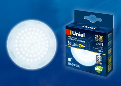 Лампочка светодиодная таблетка белая GX53 6W 6500K Uniel LED-GX53-6W/6500K/GX53/FR PLZ01WH