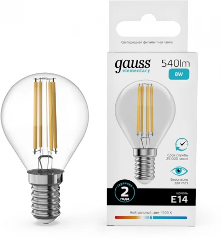 Лампочка светодиодная филаментная Gauss Filament Elementary 52128 Шар 8W 540lm 4100К Е14 LED