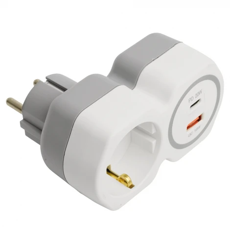 Разветвитель сетевой одноместный с заземлением с USB+Type C (белый, серый) Stekker 50109