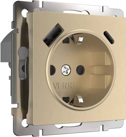 Розетка с заземлением, шторками и USB тип A+C (шампань рифленый ) Werkel W1171710 (a056276)