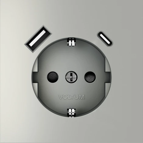 Розетка с заземлением, шторками и USB Type A+С (сталь) Voltum S70 VLS040505
