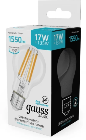 Лампочка светодиодная филаментная Gauss Filament 10212272 А60 17W 1550lm 4100К Е27 LED