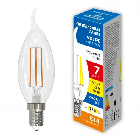 Лампа светодиодная, форма "свеча на ветру", прозрачная, теплый белый свет 3000К Volpe Optima Филамент LED-CW35-7W/3000K/E14/CL/SLF