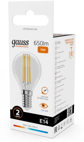 Лампочка светодиодная филаментная Gauss Filament Elementary 52110 Шар 10W 650lm 2700К Е14 LED