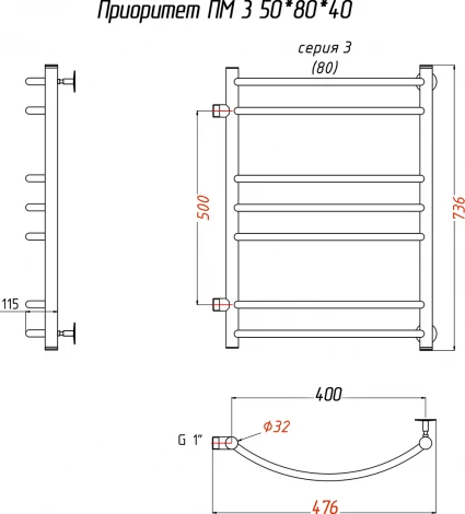 Полотенцесушитель водяной Тругор ЛЦ Приоритет ПМ 3 50x80x40
