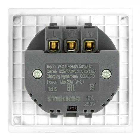 Розетка 1-местная з/ш с/з 16А + USB + Type C (механизм) 250В 20W RST16-3119-01 белая магнолия Stekker Мия 50438