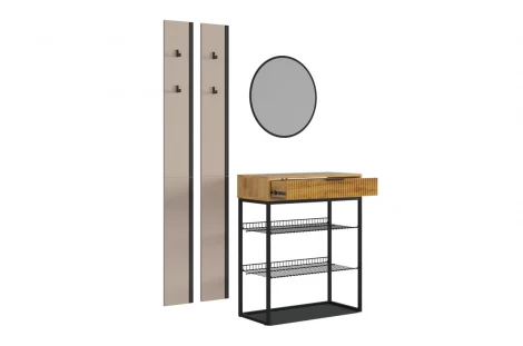 Прихожая "Мебельсон К19" (1300х334х1750) Mebelson (ЛДСП,Пластик,Металл,Зеркало,МДФ/Бежевый,Дуб крафт золотой,Черный) арт.ПК0019Мебельсон.3569