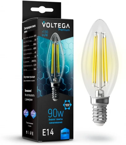 Лампочка светодиодная свеча прозрачная E14 6,5W 220V 860 lm 4000K Voltega Candle 9W Graphene 7135