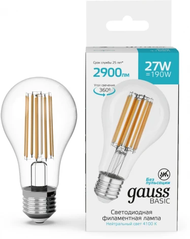 Лампочка светодиодная филаментная Gauss Filament 40712272 А70 27W 2900lm 4100К Е27 LED
