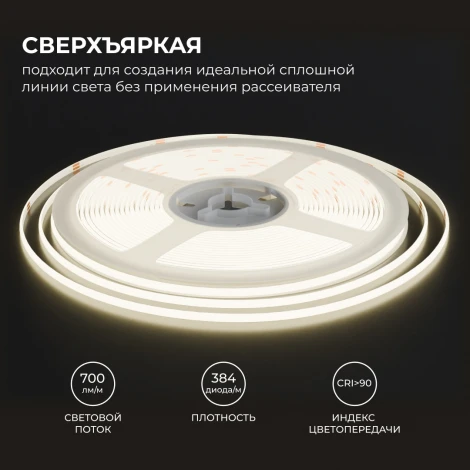 Светодиодная лента 24В 7Вт/м COB 384 д/м 700 Лм/м ширина подложки 3мм, 5м CRI90+ 4000K Apeyron 00-379