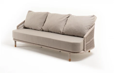 "Верона" диван 3-местный плетеный из роупа, каркас алюминий белый муар, роуп бежевый круглый, ткань бежевая 15052 4SIS арт.УТ-00010334