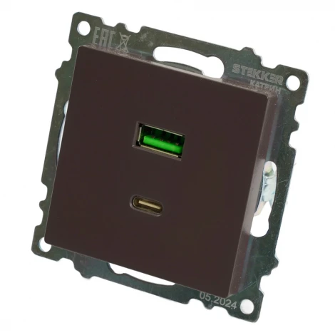 Розетка USB Type A+С (шоколад) Stekker Катрин 50057