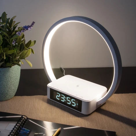 Интерьерная настольная лампа с беспроводным ЗУ Eurosvet Timelight 80505/1 белый (LED, 220V, диммер, сенсорный выключатель, кольцо)