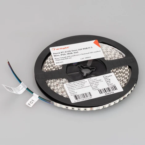 Светодиодная лента RT-G120-5mm 24V RGB (7.5 W/m, IP20, 3838, 5m) (Arlight, узкая) 036216 RT открытая