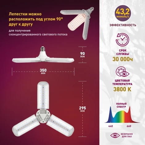 Фитолампа для растений светодиодная ЗРА FITO-24W-Ra90-E27-FOLD 3-х лепестковая полного спектра 24 Вт ЭРА