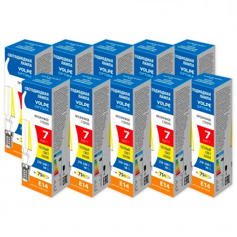 Лампа светодиодная Volpe Optima Филамент LED-CW35-7W/3000K/E14/CL/SLF Набор из 10штук свеча на ветру прозрачная теплый белый свет 3000К