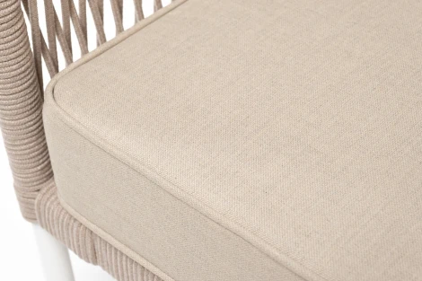 "Канны" кресло плетеное из роупа, каркас алюминий белый, муар, роуп бежевый круглый, ткань бежевая 052 4SIS арт.УТ-00009177