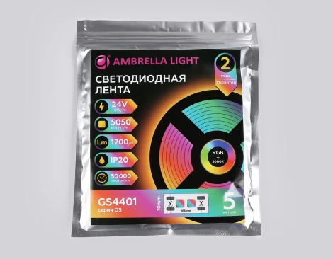 Светодиодная лента RGB с теплым белым светом Ambrella Illumination GS4401 5050 60Led 10W/m 24V IP20 RGBW+3000K 5m