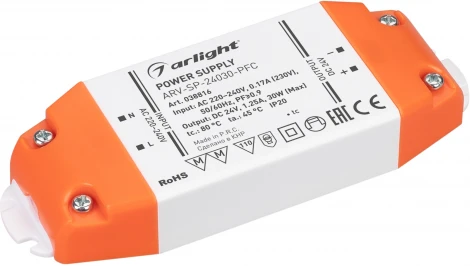 Блок питания ARV-SP-24030-PFC (24V, 1.25A, 30W) (Arlight, IP20 Пластик, 5 лет) 038816