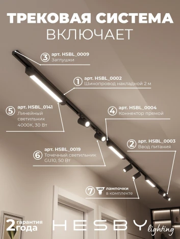 Трековая система в сборе накладная однофазная 220V Hesby Lighting Skylite №5 HSBL_kompl_S005_NI4B4K