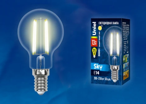 Лампочка светодиодная шар прозрачная E14 13W 3000K Uniel LED-G45-13W/3000K/E14/CL PLS02WH