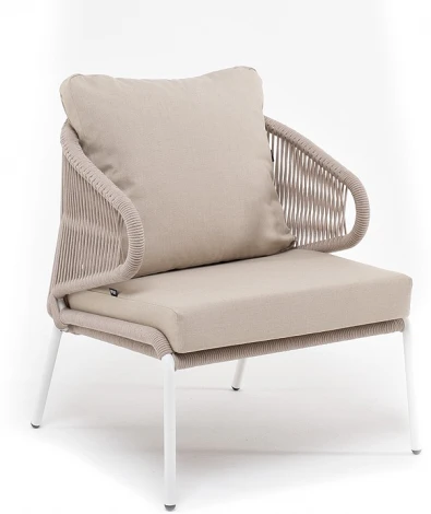 "Милан" кресло плетеное из роупа, каркас алюминий белый муар, роуп бежевый круглый, ткань бежевая 052 4SIS арт.УТ-00008598