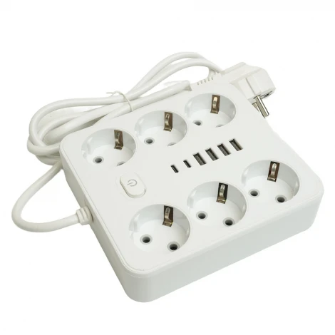 Удлинитель 6-и местный 4хUSB Type-A + 2хUSB Type-C 1,8м. (белый) Stekker Home plus 49975