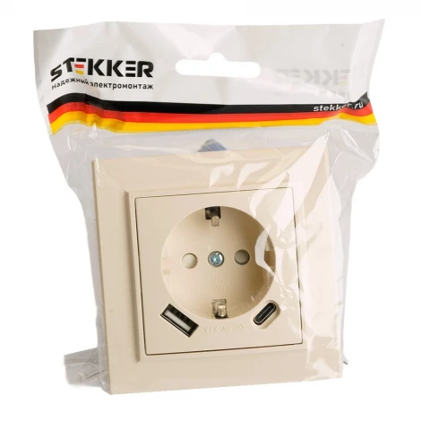 Розетка с заземлением и USB Type A+С (слоновая кость) Stekker Эрна 50077