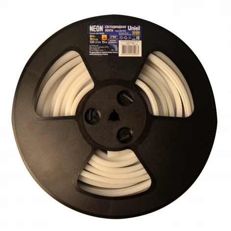 Светодиодная гибкая герметичная лента катушка 15м белый свет 4000К Uniel Neon ULS-N11-2835-120LED/m-8mm-IP67-DC24V-10W/m-15M-4000K катушка в герметичной упаковке
