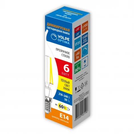 Лампа светодиодная диммируемая, прозрачная, теплый белый свет 3000K Volpe Optima Филамент Dim LED-CW35-6W/3000K/E14/CL/DIM/SLF