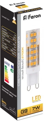 Лампочка светодиодная кукуруза прозрачная колба G9 7 Вт 2700K теплое белое свечение Feron 25766