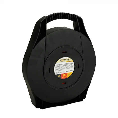 Удлинитель-рулетка с ручкой 4-х местный с заземлением 10 метров (черный) Stekker Standart 50179