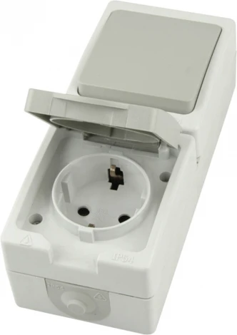 Розетка с заземлением с одноклавишным выключателем (белый,серый) Stekker Велена 49738