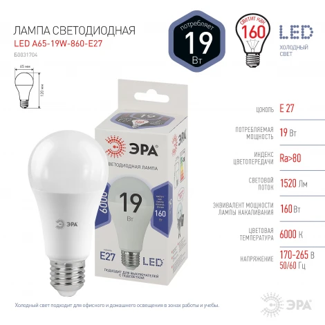 Лампочка светодиодная E27 19W ЭРА LED A65-19W-860-E27