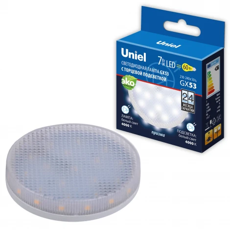 Лампочка светодиодная таблетка прозрачная GX53 7W 4000K Uniel LED-GX53-7W/4000K+4000K/GX53/PR PLB02WH