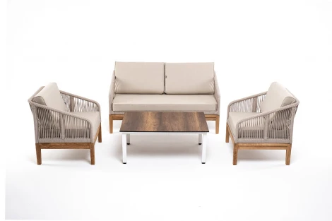 Лаунж-зона 4-ая из роупа со столиком Канны цвета дуб, основание дуб, роуп бежевый 4SIS Канны KANS2C2TJ-4-SET biege