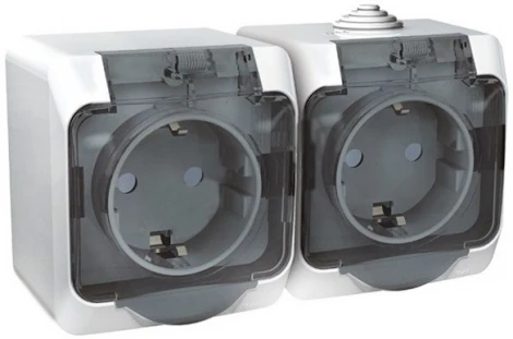 Розетка накладная двойная с заземлением, шторками и крышкой (белый) IP44 Systeme Electric Etude PA16-244B